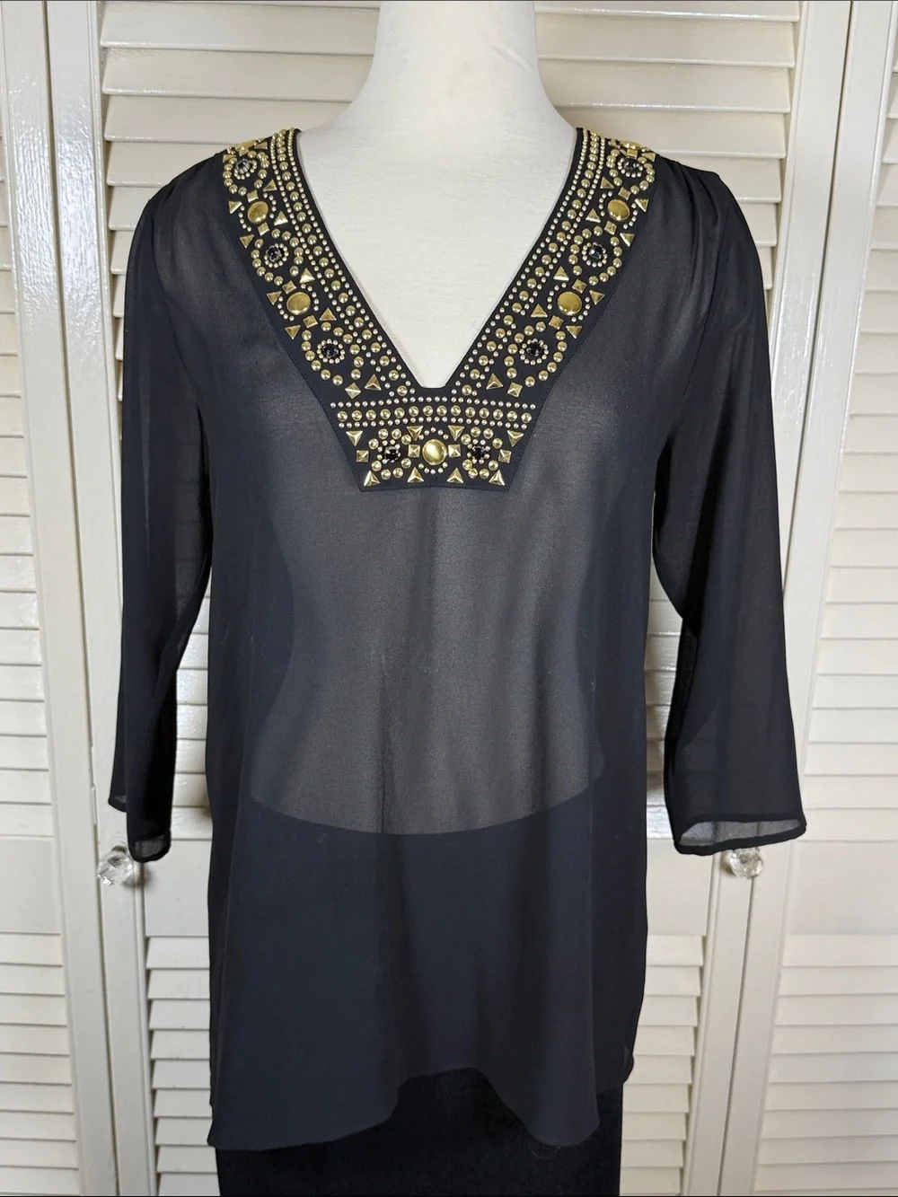 Michael Kors Beaded V-Neck Chiffon Tunic Top Black Gold Studded Sheer Blouse S